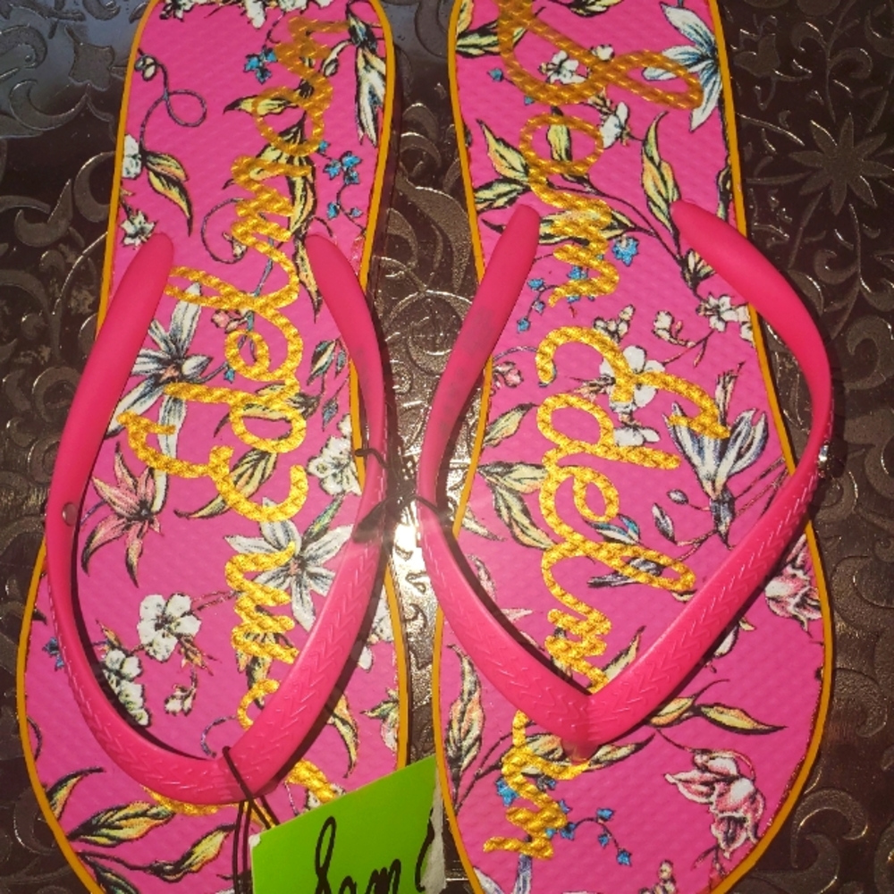 Sam Edelman Evans Hot Pink Floral Design Sz 7M Flip Flops Thong Sandals
